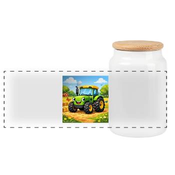 Fröhlicher Grüner Traktor auf Feld - Panorama Keksdose mit Holzdeckel - Weiß - Vorne