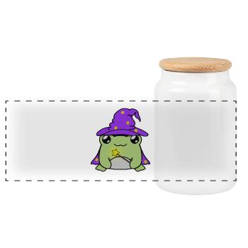 Wizard frog with hat - Panoramic Cookie Jar with Wooden Lid - white - Front