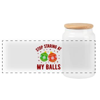 Stop Staring at my Balls - Panoramic Cookie Jar with Wooden Lid - white - Front