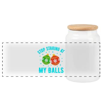 Stop Staring at my Balls - Panoramic Cookie Jar with Wooden Lid - white - Front