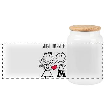 Just Married newlyweds - wedding - gift - Panoramic Cookie Jar with Wooden Lid - white - Front