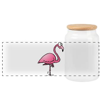 Ein rosa Flamingo - Panorama Keksdose mit Holzdeckel - Weiß - Vorne