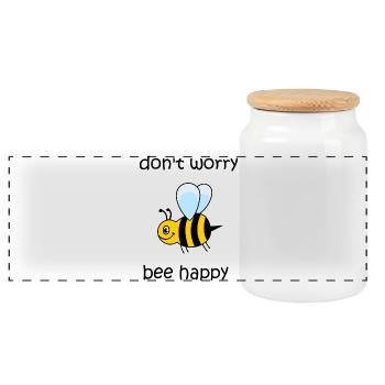 don't worry be happy, bee happy, happy bee - Panoramic Cookie Jar with Wooden Lid - white - Front