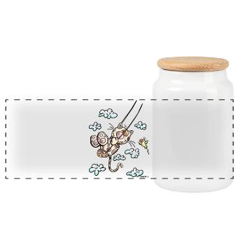 Cat on the swing - Panoramic Cookie Jar with Wooden Lid - white - Front