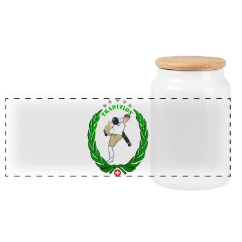 Schwinger Schweizer Nationalsport  Tradition - Panorama Keksdose mit Holzdeckel - Weiß - Vorne