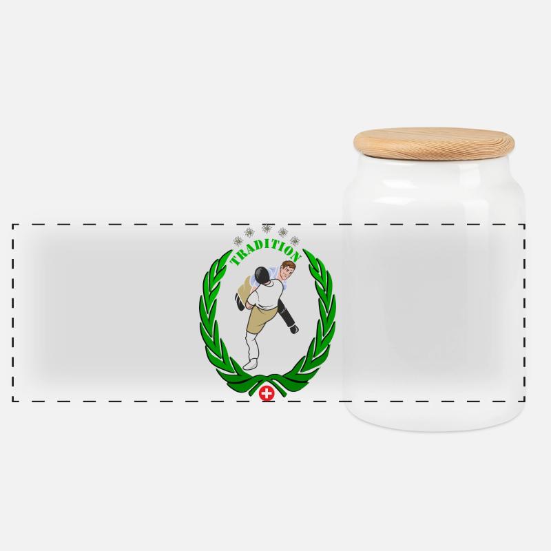 Schwinger Schweizer Nationalsport  Tradition - Panorama Keksdose mit Holzdeckel - Weiß