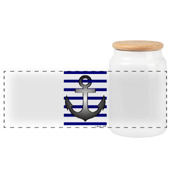 Das Marine Polo Shirt – blau gestreifter nautischer Anker - Panorama Keksdose mit Holzdeckel - Weiß - Vorne