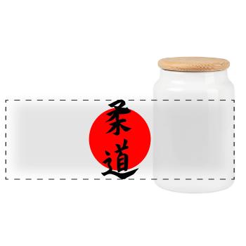 Judo in japanischer Kanji-Schrift mit roter Sonne - Panorama Keksdose mit Holzdeckel - Weiß - Vorne