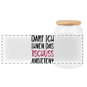 Darf ich ihnen das Tschüss anbieten - Panorama Keksdose mit Holzdeckel - Weiß - Vorne