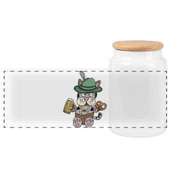 Lustige Katze in Lederhosen Tracht - Panorama Keksdose mit Holzdeckel - Weiß - Vorne