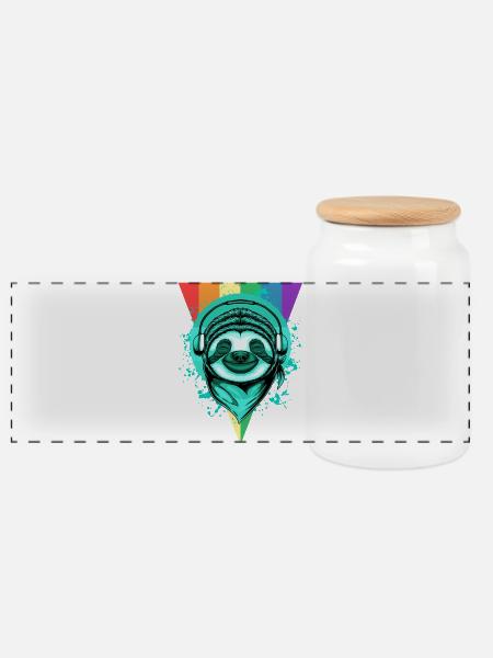 Faultier mit Kopfhörern & Regenbogen - Panorama Keksdose mit Holzdeckel - Weiß