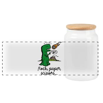 Rock paper scissors T-rex funny dinosaur comet - Panoramic Cookie Jar with Wooden Lid - white - Front