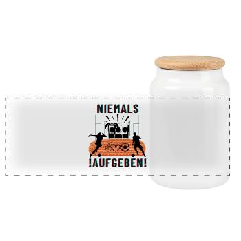 ! Niemals Aufgeben ! ART - Panorama Keksdose mit Holzdeckel - Weiß - Vorne