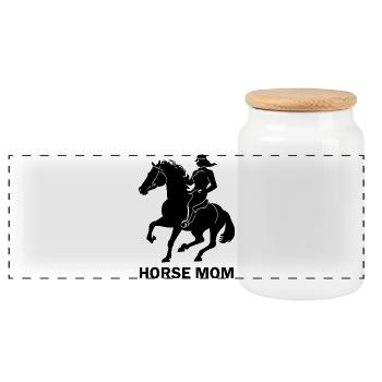 Horse Mom, horse with rider - Panoramic Cookie Jar with Wooden Lid - white - Front