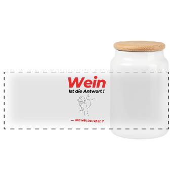 Wein - Ist die Antwort ! ... was war die Frage? - Panorama Keksdose mit Holzdeckel - Weiß - Vorne