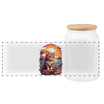 Coucher de soleil rétro plage, coucher de soleil chat au bord de la mer - Boîte à biscuits avec couvercle en bois - blanc - Devant