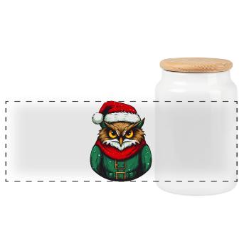 Christmas owl in green sweater - Panoramic Cookie Jar with Wooden Lid - white - Front