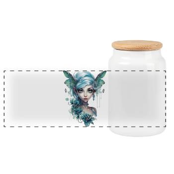Blauhaarige Fee mit großen Augen – Fantasy - Panorama Keksdose mit Holzdeckel - Weiß - Vorne