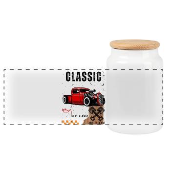 Vintage Red Hot Rod with Piston Art - Panoramic Cookie Jar with Wooden Lid - white - Front