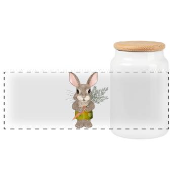 cute rabbit with carrot and shorts - Panoramic Cookie Jar with Wooden Lid - white - Front