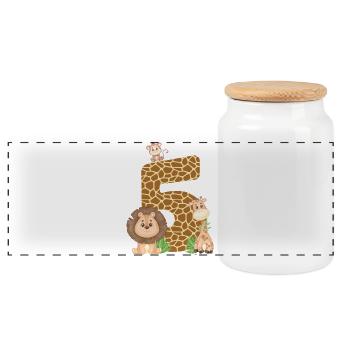5e anniversaire : Animaux de la jungle : Girafe, Lion, Singe - Boîte à biscuits avec couvercle en bois - blanc - Devant