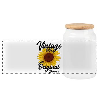 Vintage 1974 Sunflower Birthday Vintage 74 - Panoramic Cookie Jar with Wooden Lid - white - Front