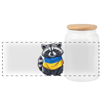 Cute raccoon with Ukraine bandana - Panoramic Cookie Jar with Wooden Lid - white - Front