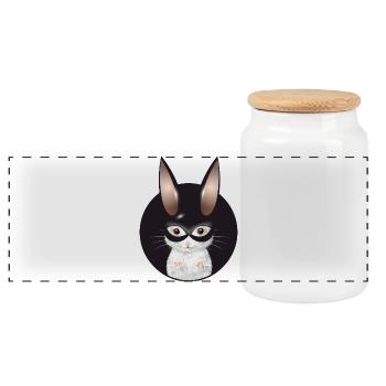 Cute White Mouse with Bunny Mask in Patch - Panoramic Cookie Jar with Wooden Lid - white - Front