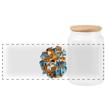 Village bleu avec tuiles orange - Boîte à biscuits avec couvercle en bois - blanc - Devant