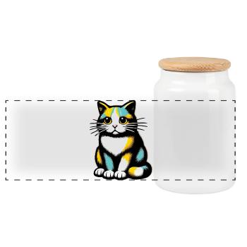 Cat - Panoramic Cookie Jar with Wooden Lid - white - Front