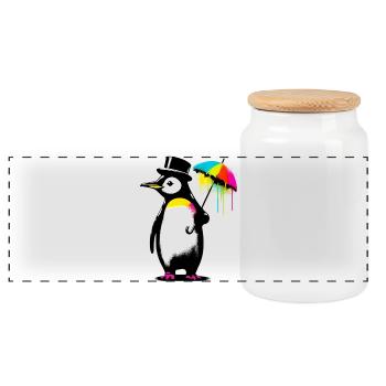 Penguin with hat and umbrella for rain - Panoramic Cookie Jar with Wooden Lid - white - Front