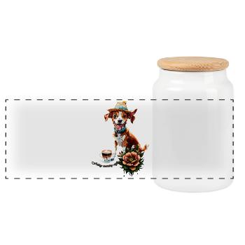 A happy cartoon dog wearing a hat - Panoramic Cookie Jar with Wooden Lid - white - Front