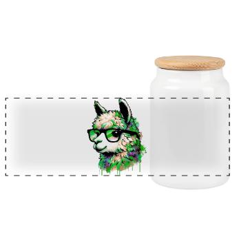 Alpaca with Glasses - Panoramic Cookie Jar with Wooden Lid - white - Front
