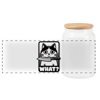 WHAT? A CAT WITH KNIFE - Panoramic Cookie Jar with Wooden Lid - white - Front