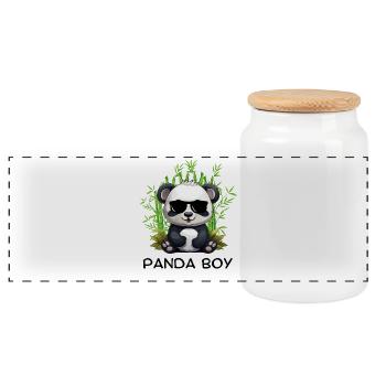 Panda Boy: Panda Design mit Brille - Panorama Keksdose mit Holzdeckel - Weiß - Vorne