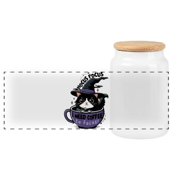 Coffee Witch Cat  - Panoramic Cookie Jar with Wooden Lid - white - Front