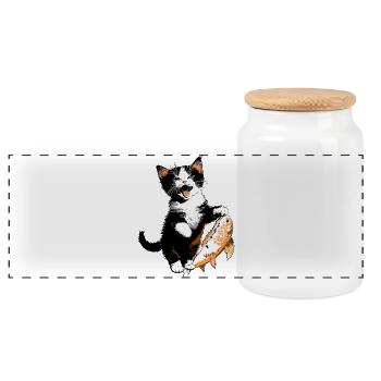 Kitten with Big Salmon – Kitty with Fish - Panoramic Cookie Jar with Wooden Lid - white - Front