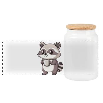 Cute Raccoon Holding Coffee Cup - Adorable design - Panoramic Cookie Jar with Wooden Lid - white - Front