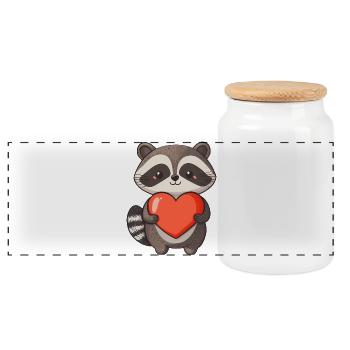 Raccoon Holding a Red Heart - Adorable Cartoon - Panoramic Cookie Jar with Wooden Lid - white - Front