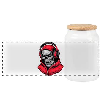 Crâne en sweat à capuche rouge avec écouteurs - Boîte à biscuits avec couvercle en bois - blanc - Devant