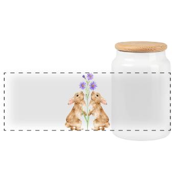 Deux mignons lapins avec des fleurs - Boîte à biscuits avec couvercle en bois - blanc - Devant