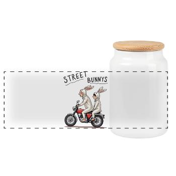 Biker Bunnies - Panoramic Cookie Jar with Wooden Lid - white - Front