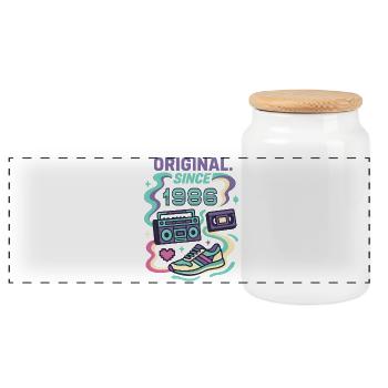 Original since 1986 - Year of birth 1986 - Panoramic Cookie Jar with Wooden Lid - white - Front