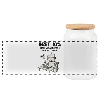 COMMITMENT: 110% – Robot at work with dry humor - Panoramic Cookie Jar with Wooden Lid - white - Front