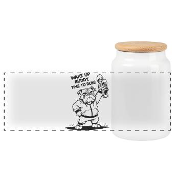 Bulldogge ZEIT ZU RENNEN. Ausgeführte. laufen - Panorama Keksdose mit Holzdeckel - Weiß - Vorne