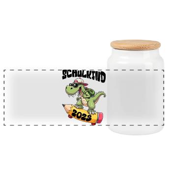 Schulkind Alligator mit Skateboard 2025 - Panorama Keksdose mit Holzdeckel - Weiß - Vorne