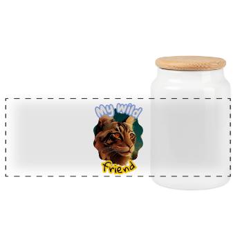 Wild Cat Friendship Illustration - Panoramic Cookie Jar with Wooden Lid - white - Front