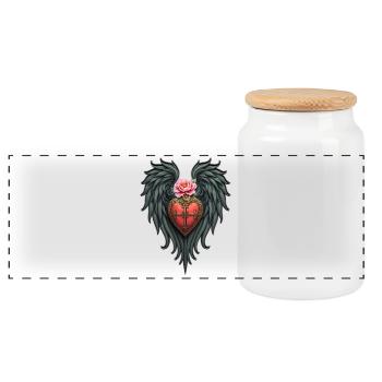Heart with Wings and Pink Flower - Panoramic Cookie Jar with Wooden Lid - white - Front