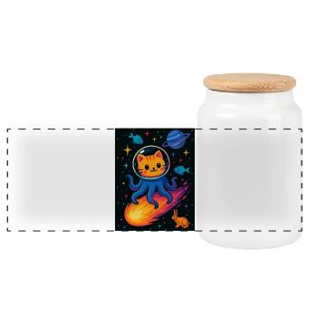 Cosmic Cat Octopus Adventure - Panoramic Cookie Jar with Wooden Lid - white - Front