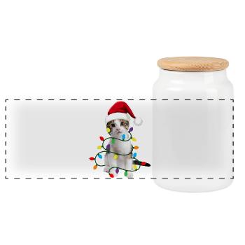 Chat festif avec des lumières de Noël et un chapeau de Père Noël, - Boîte à biscuits avec couvercle en bois - blanc - Devant
